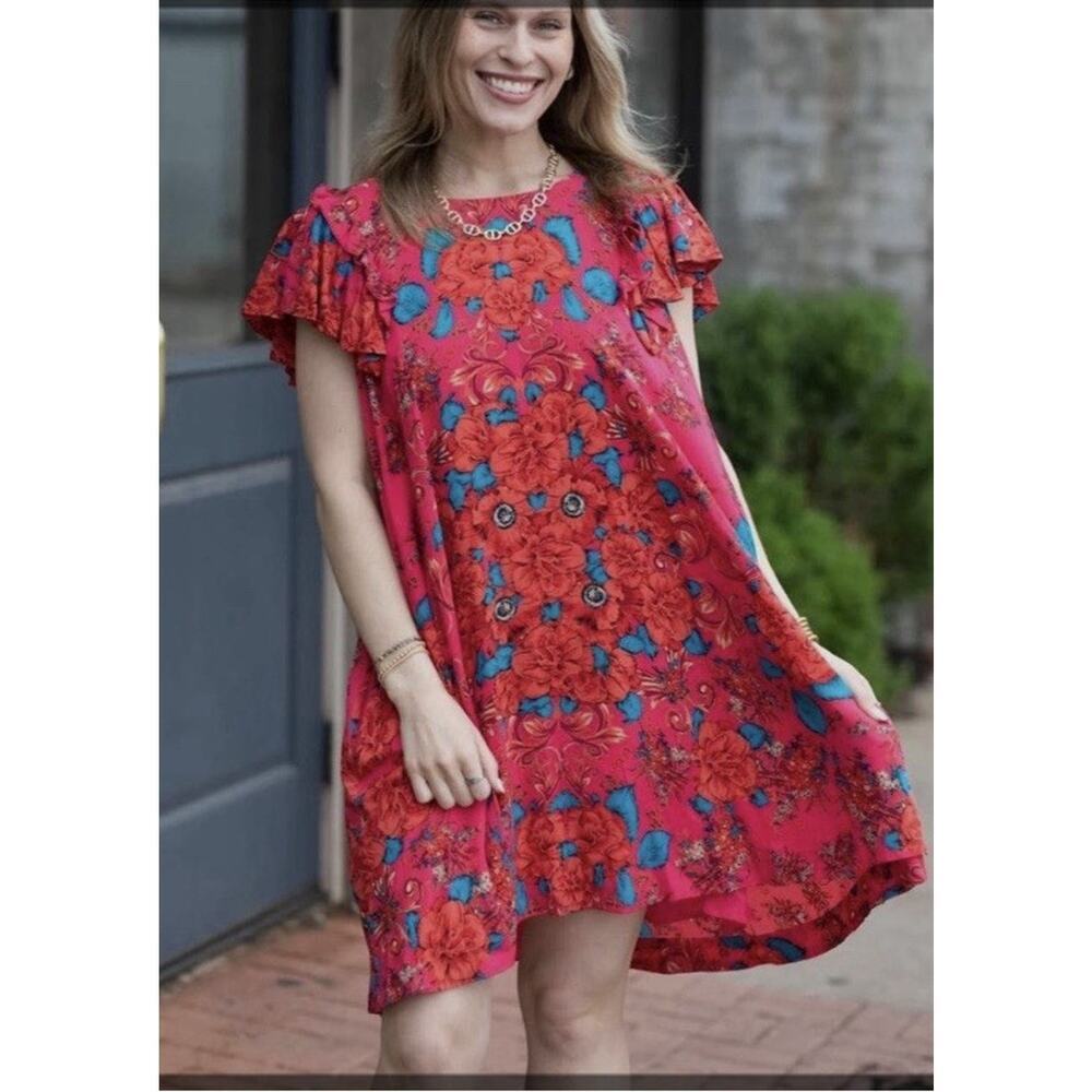 Free People Yara Mini Dress Red Pink Floral Rose Print Ruffle Shoulder Lined M
